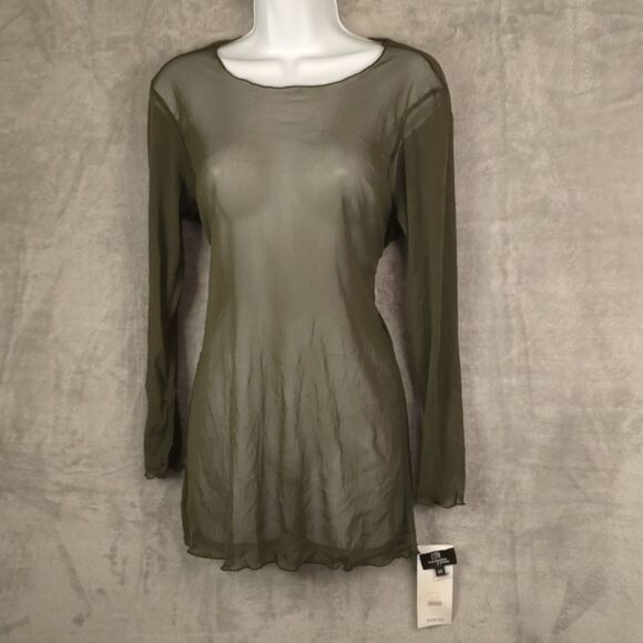 Vintage EDW Sheer Mesh Long Sleeve Top Size Medium Olive Green See Through Y2K - Picture 1 of 9